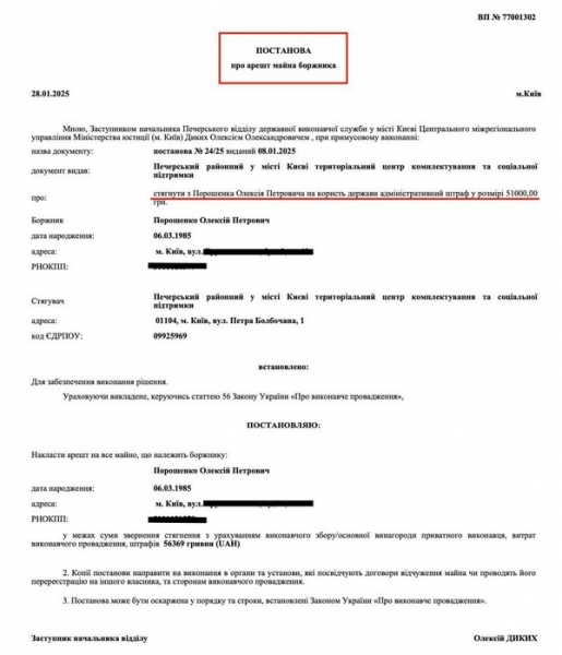 Все майно сина Порошенка було заарештовано через несплату штрафу за ухиляння від армії